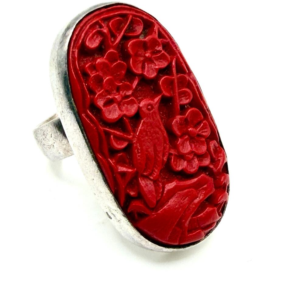Vintage 90s Carved Cinnabar Sterling Silver Bird & Floral Statement Ring